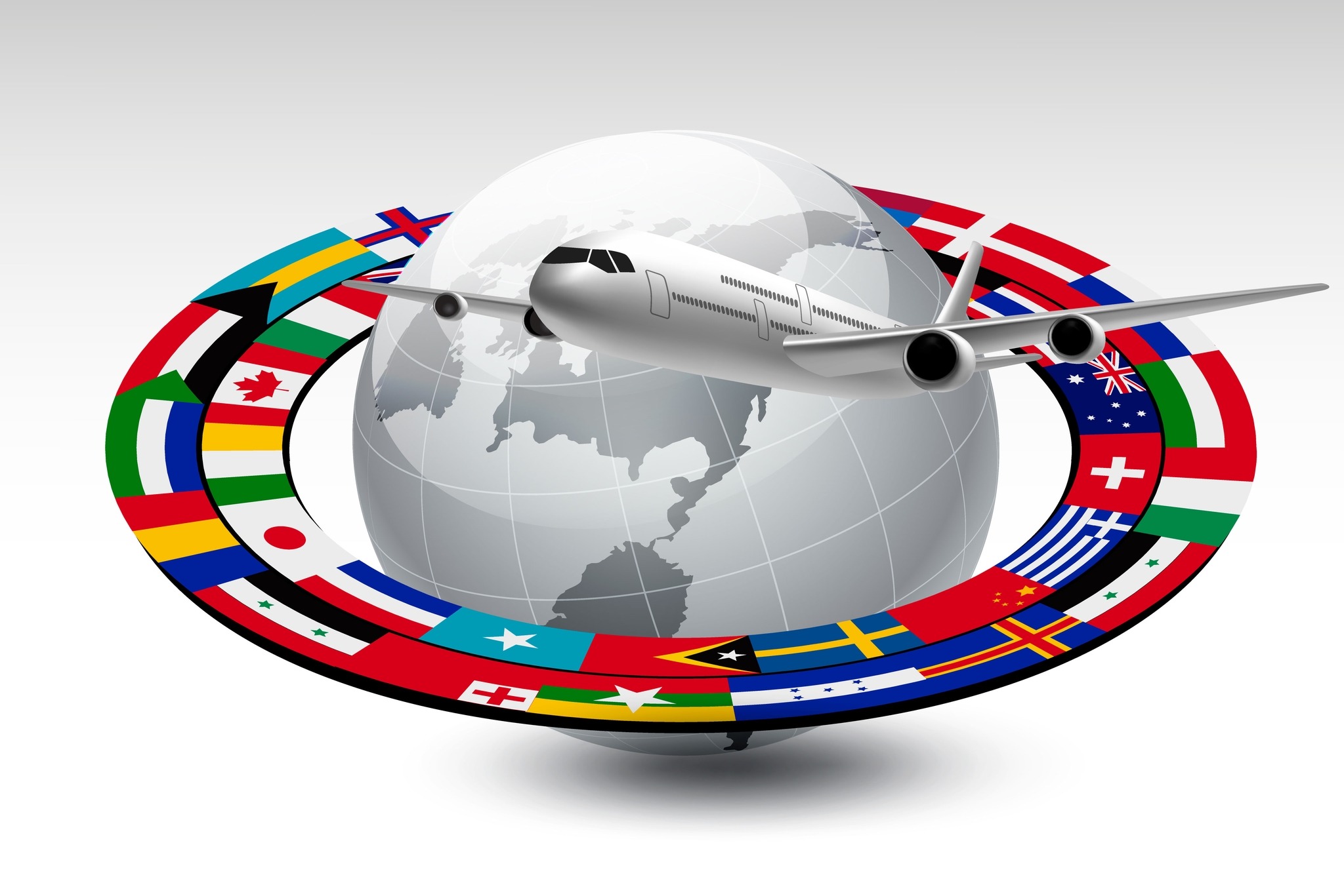 Travel background. Globe with a plane and a strip of flags. Vector.