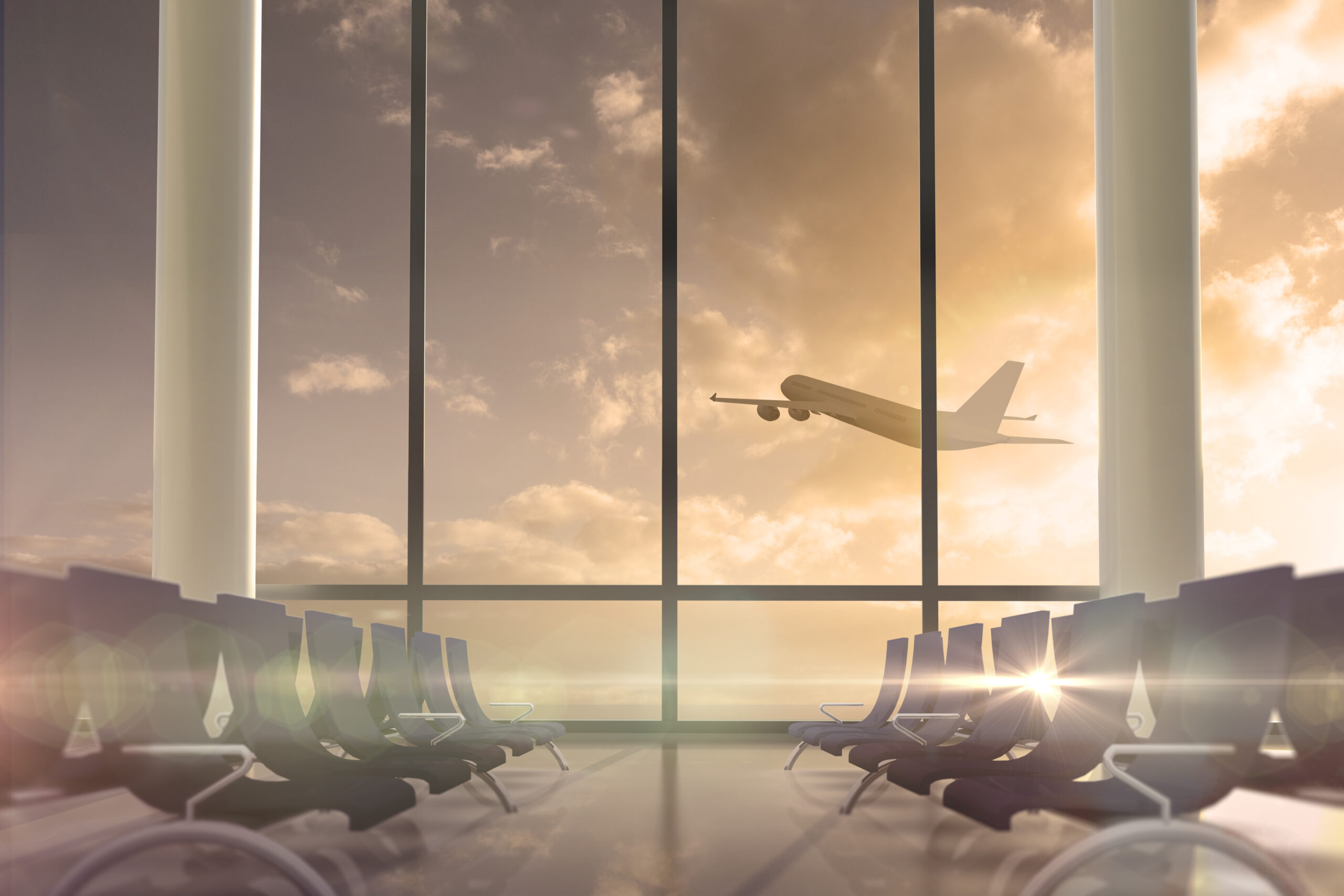Digitally generated airplane flying past departures lounge window